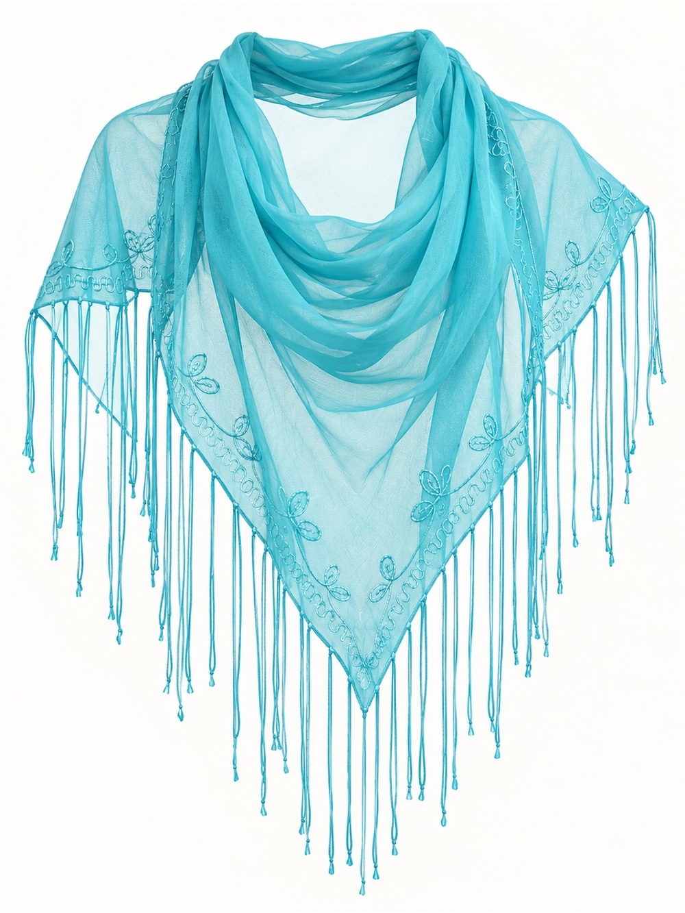 AND Turquoise Fringe Embroidered Triangle Wrap